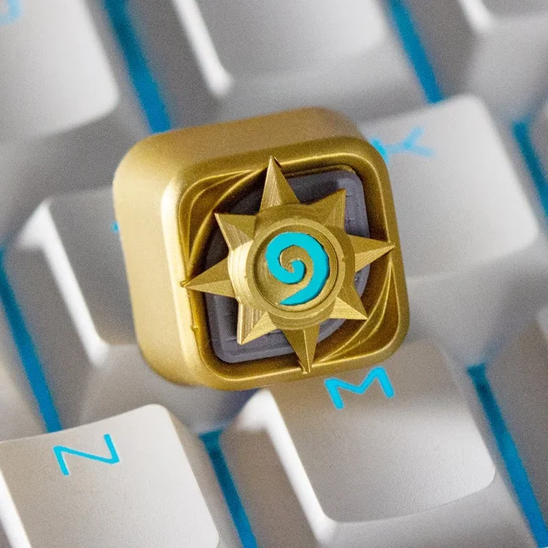 Detailed view of the premium Golden Hearthstone Resin ESC Keycap, emphasizing its intricate emblem, rich texture, and artisan gaming craftsmanship.