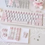 Playful Hello Kitty Fashion Blog keycaps set, a complete 134-key set for mechanical keyboards, showcasing vibrant colors and iconic Hello Kitty design.