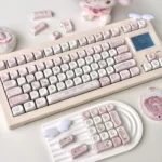 Playful Hello Kitty Fashion Blog keycap set, featuring vibrant, three-sided translucent 134 keys for a complete, iconic keyboard transformation.