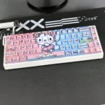 Playful Hello Kitty keycaps set from a side angle, showcasing their vibrant translucent PBT material and unique side-engraved legends. Perfect for a color-inspired fans.