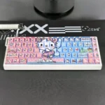 Close-up of Hello Kitty Keycaps set, showcasing the translucent PBT material with vibrant side-engraved Hello Kitty designs and playful color-block art.