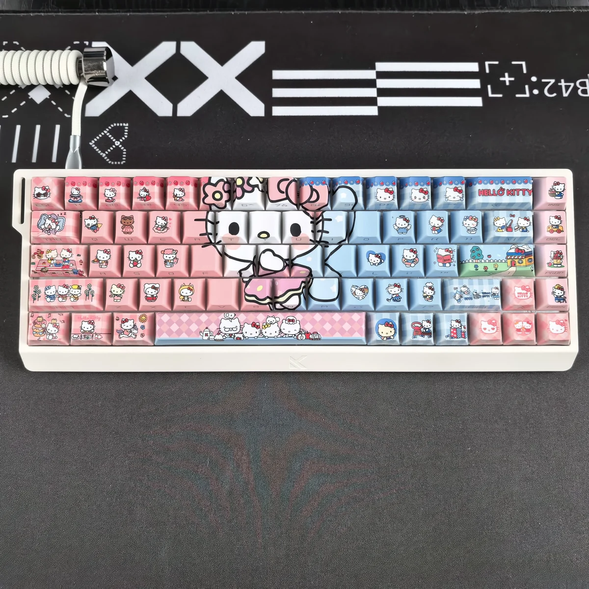 Vibrant Hello Kitty Keycaps Set featuring iconic characters, a playful color-block design, and a translucent PBT glow with side-engraved details.
