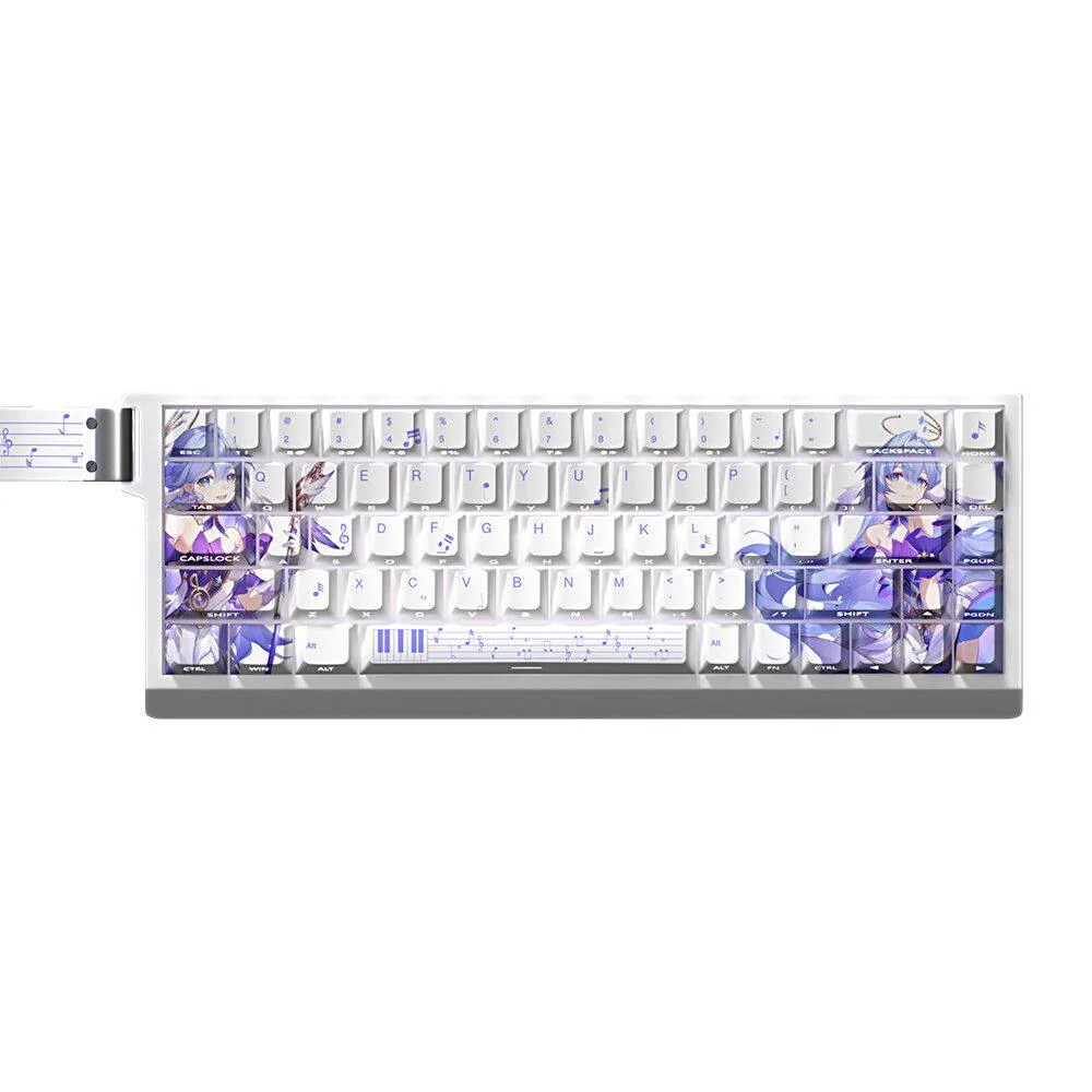 Premium Honkai Star Rail Robin PBT side-lit keycaps set, elegantly displaying luminous legends and intricate character art from various angles, perfect for fans.