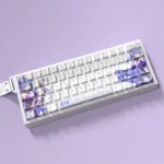 Close-up of the elegant Honkai Star Rail Robin PBT side-lit keycaps set, showcasing the luminous character art from multiple premium angles.