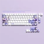 Elegant Honkai Star Rail Robin PBT side-lit keycaps set, shown from various angles. Features luminous character art and crisp side-legends for a premium design.
