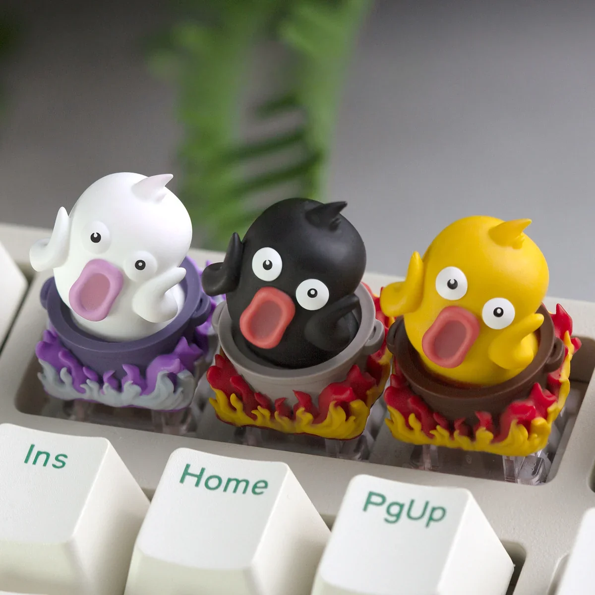 Close-up of a whimsical, handcrafted Hotpot Duck artisan keycap for the ESC key, a unique resin piece with a cute duck in a vibrant hotpot.
