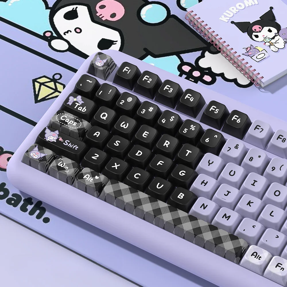 Explore the mischievous Kuromi PBT MDA keycaps set from multiple angles, showcasing its premium quality and iconic black and purple cute-gothic setup.