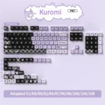 A collection of mischievous Kuromi PBT MDA keycaps set from different perspectives, emphasizing their iconic black and purple cute-gothic aesthetic.