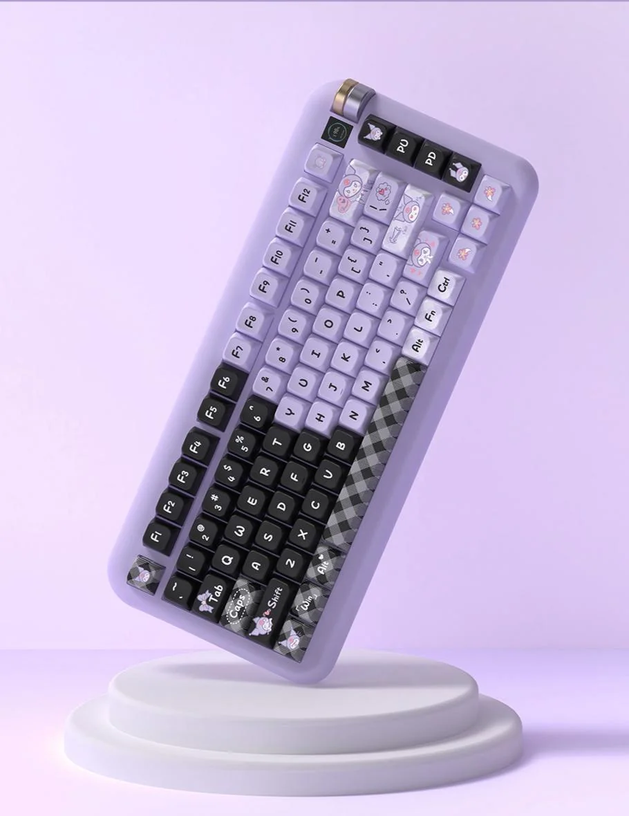 Mischievous Kuromi keycaps set in black and purple, showcasing the iconic design and premium PBT MDA profile for a playful, cute-gothic keyboard.