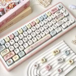 Animal Spa: Iconic Maltese Dog MOA Keycap Set, showing adorable line-art animals and sweet dessert motifs. Multiple angles highlight unique design and ergonomic comfortable setup.