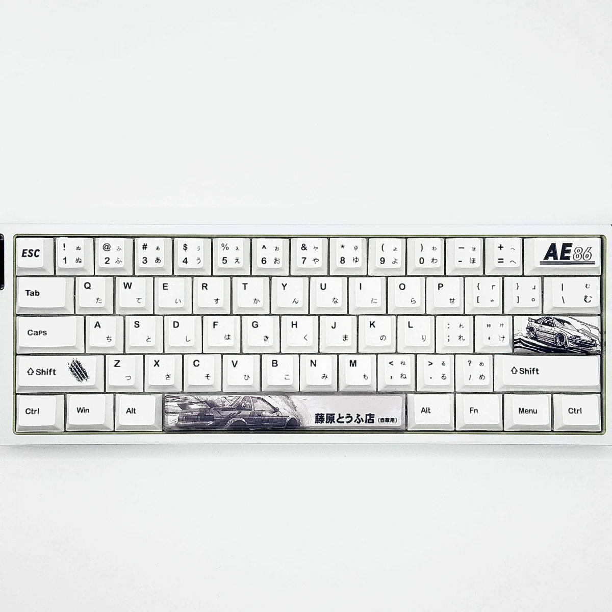Iconic Initial D PBT dye-sub AE86 keycaps set, dynamically showcasing JDM racing aesthetics and anime art for thrilling keyboard style.