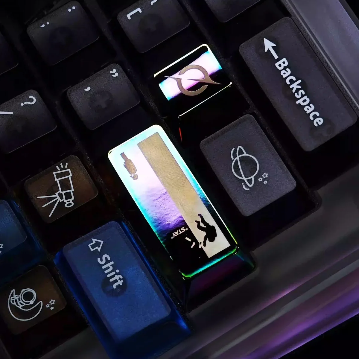 Premium Interstellar Alloy Keycap, artisan crafted. Features intricate cosmic sci-fi details, offering a captivating celestial journey for your keyboard.