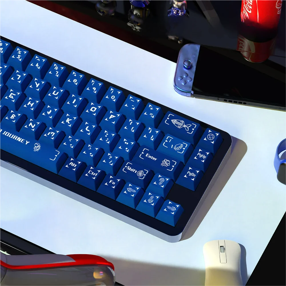 Immersive Interstellar Journey PBT Dye-sub Keycap Set, featuring vibrant nebulae and celestial bodies from various angles, capturing the vast cosmic wonder.