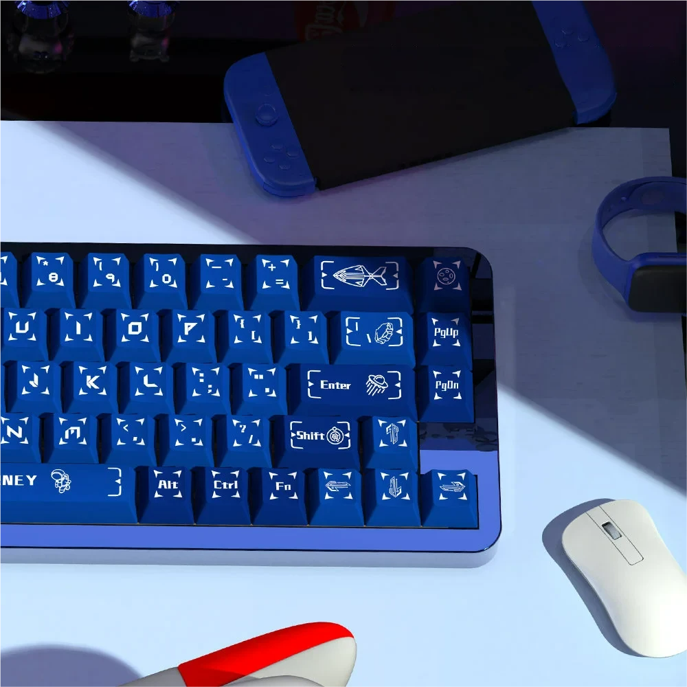 Interstellar Journey PBT Dye-sub Keycap Set from multiple angles, showcasing vibrant cosmic nebulae and celestial bodies, an immersive artistic tribute.