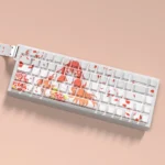 Premium Itsuki Nakano PBT side-lit keycaps set, featuring vibrant Quintessential Quintuplets anime art and glowing legends. Shown from diverse angles.