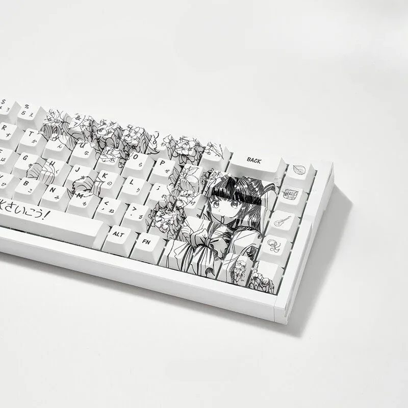 Detailed view of playful JK Girl PBT Dye-Sub keycaps set, highlighting their unique Japanese schoolgirl fashion, sweet colors, and durable PBT build.