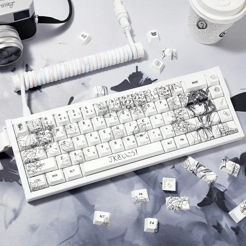 Playful JK Girl PBT Dye-Sub Keycaps Set for mechanical keyboards. Unique Japanese schoolgirl fashion, sweet plaid designs. Durable, compatible, and charming design.