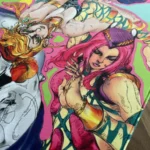 A different angle of the JoJo's Bizarre Adventure Desk Mat, featuring the unique, vibrant anime art of Jolyne and Anasui in exquisite detail.