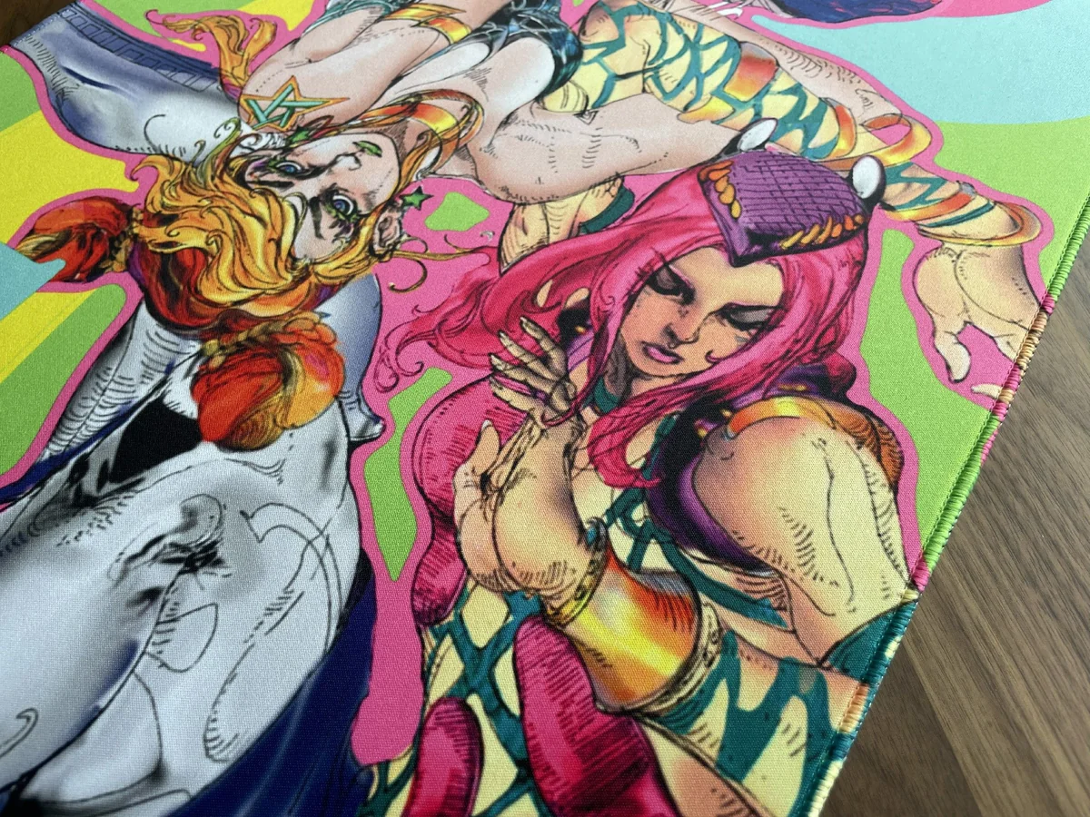 A different angle of the JoJo's Bizarre Adventure Desk Mat, featuring the unique, vibrant anime art of Jolyne and Anasui in exquisite detail.