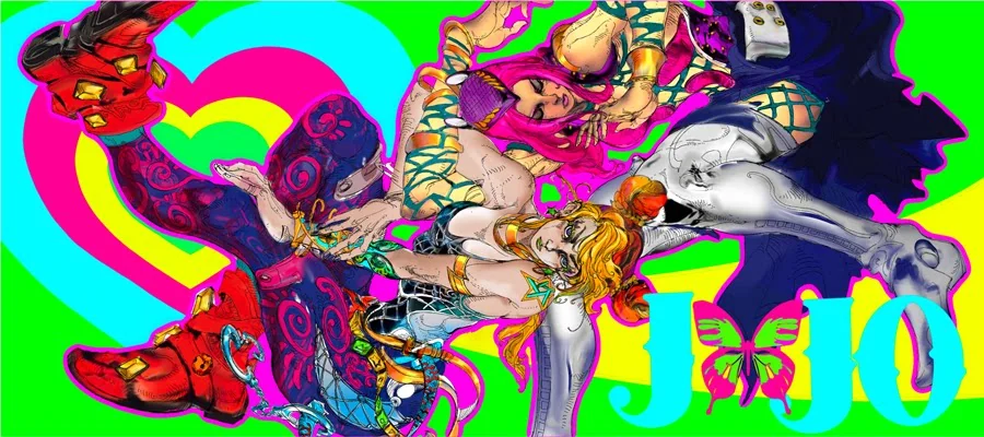 Dynamic JoJo's Bizarre Adventure desk mat showcasing vibrant Jolyne Cujoh and Anasui artwork, a unique design for fans.