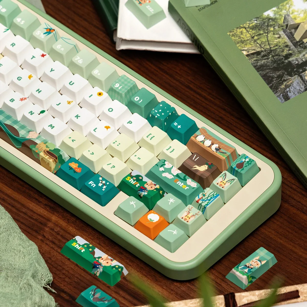 Exclusive JX3 Medicine Keycaps Set: Whimsical Botanical Forest Set shown from multiple angles, highlighting delicate earthy illustrations inspired.