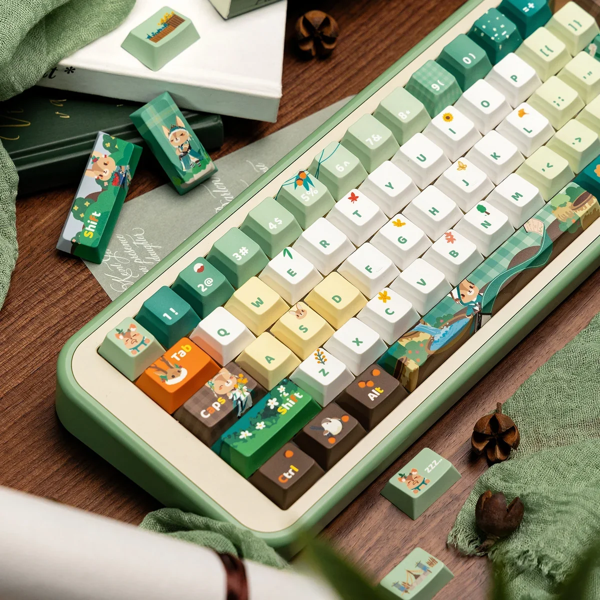 Close-up of JX3 Medicine Keycaps Set showcasing the whimsical botanical forest illustrations and serene earthy tones of this exclusive JX3 Medicine Sect
