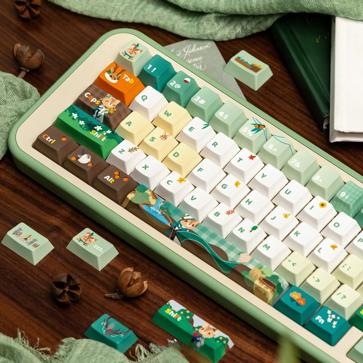 Close-up of JX3 Medicine Keycaps set, showcasing whimsical botanical forest designs and earthy tones from multiple angles. Exclusive JX3 Medicine Sect design.