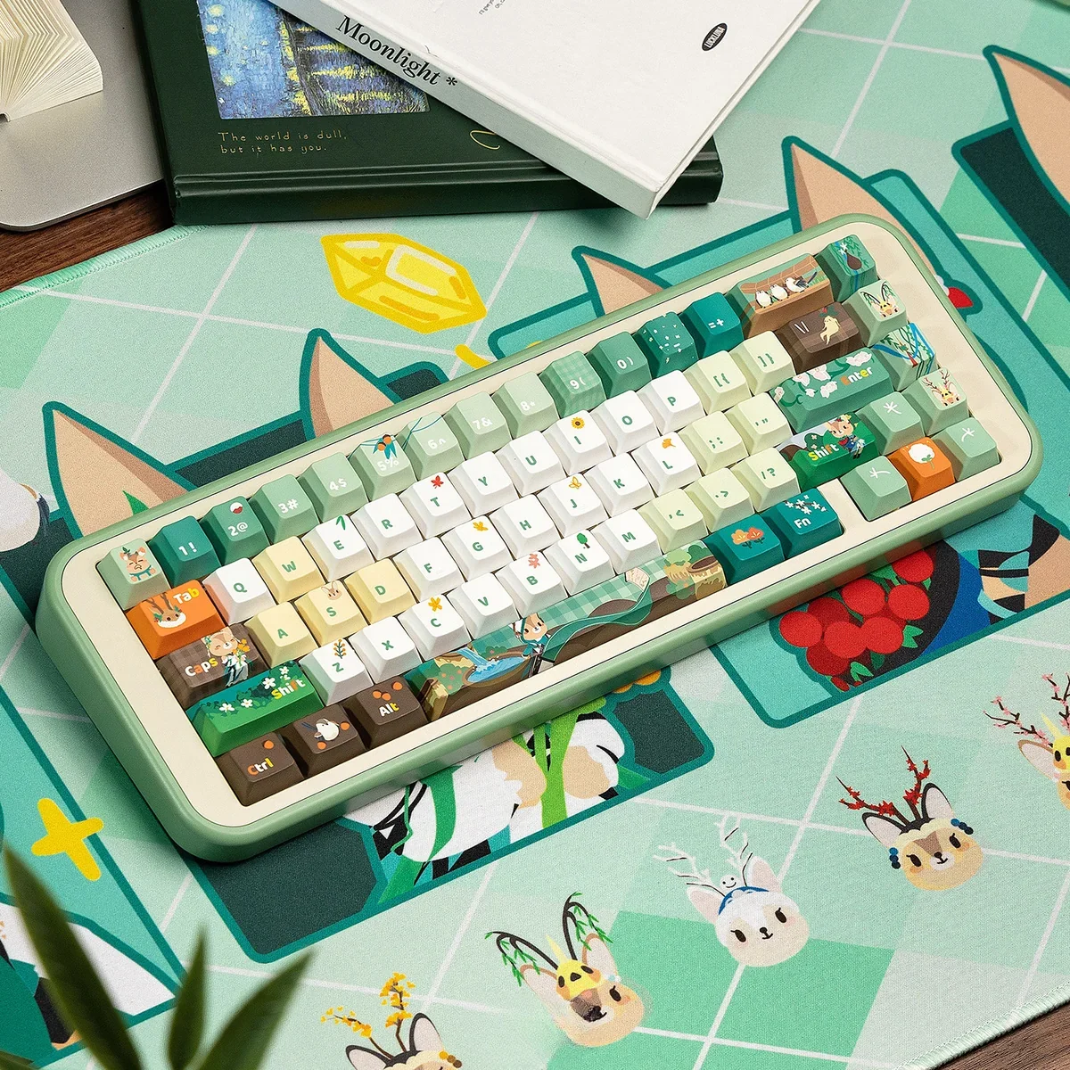 Exclusive JX3 Medicine Keycaps set showcasing whimsical botanical forest designs in earthy tones, inspired by the serene Medicine Sect.