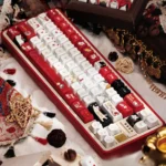 Exclusive JX3 Ming Jiao MAO Profile artisan keycap set. Detailed views showcase mystical desert, lunar, and JX Online 3 martial arts motifs.