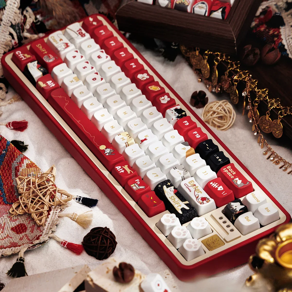 Exclusive JX3 Ming Jiao MAO Profile artisan keycap set. Detailed views showcase mystical desert, lunar, and JX Online 3 martial arts motifs.