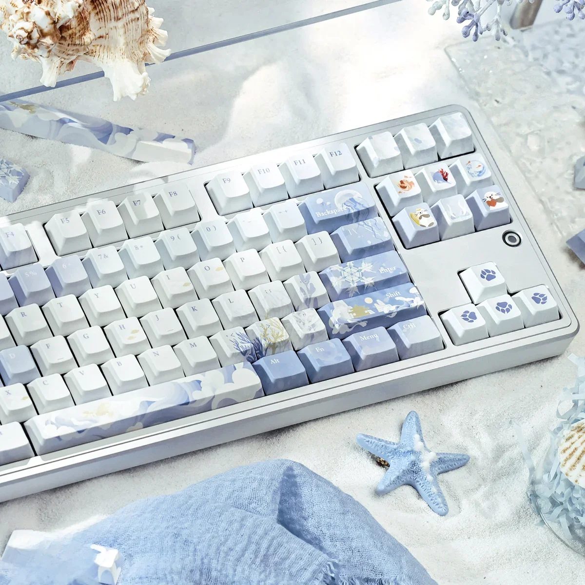 JX3 Penglai Keycaps Set product gallery, revealing the exclusive mystical ocean realm design in ethereal blue, showcasing intricate traditional Chinese fans.