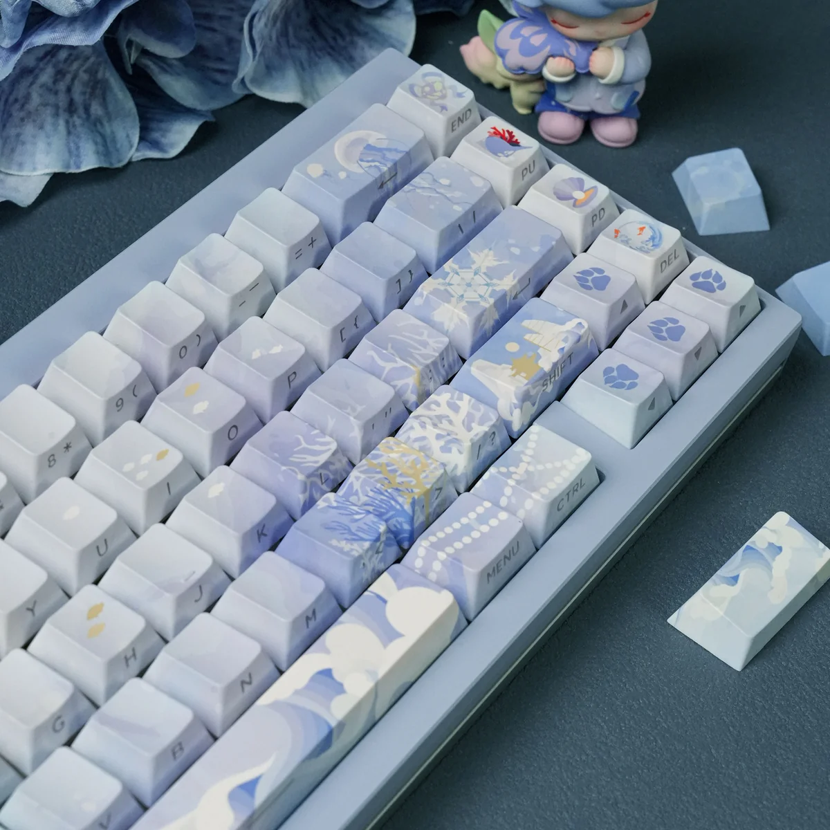 JX3 Penglai Keycaps Set: exclusive mystical ocean realm design. Ethereal blue, Chinese fantasy, flowing Penglai landscapes, various artistic angles.
