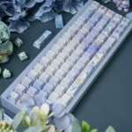 "JX3 Penglai Keycaps Set: Exclusive mystical ocean realm design with ethereal blue, flowing Penglai motifs, shown from various angles.