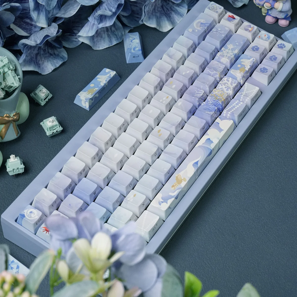 "JX3 Penglai Keycaps Set: Exclusive mystical ocean realm design with ethereal blue, flowing Penglai motifs, shown from various angles.