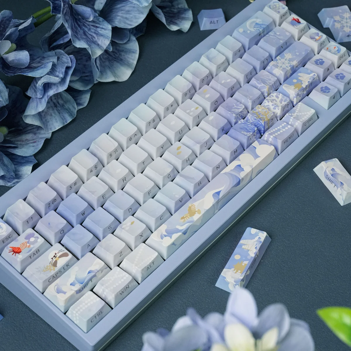 JX3 Penglai Keycaps Set: An exclusive keyboard set featuring a mystical ocean realm design with ethereal blue and traditional Chinese fantasy motifs.