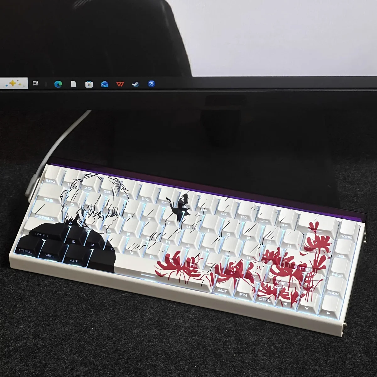 Ken Kaneki side-lit PBT keycaps set in various artistic views, showcasing enigmatic glowing side-engraved legends and dark anime aesthetic.