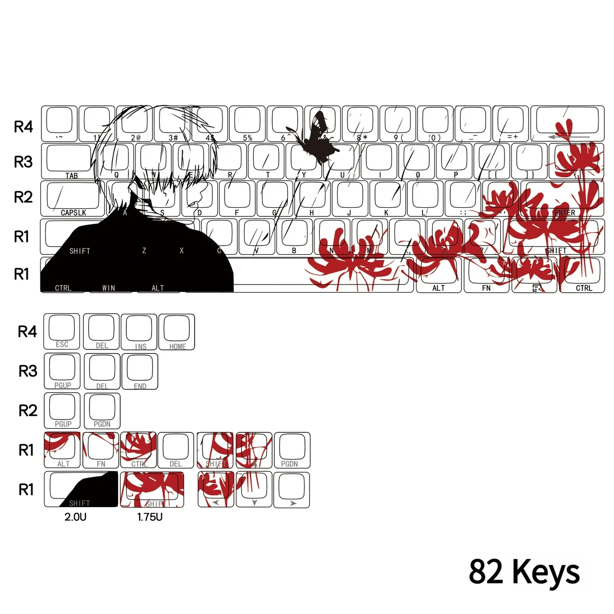 Enigmatic Ken Kaneki side-lit PBT keycaps set in an artistic gallery, highlighting dark aesthetic and glowing side-engraved legends from various angles.
