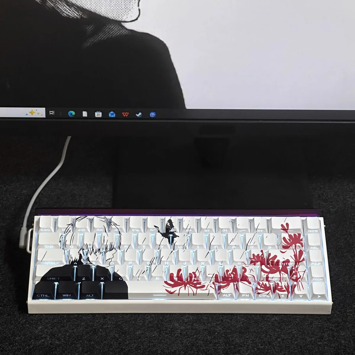 Iconic Ken Kaneki keycaps set, an enigmatic side-lit PBT set, showcasing dark anime aesthetic with glowing side-engraved legends.