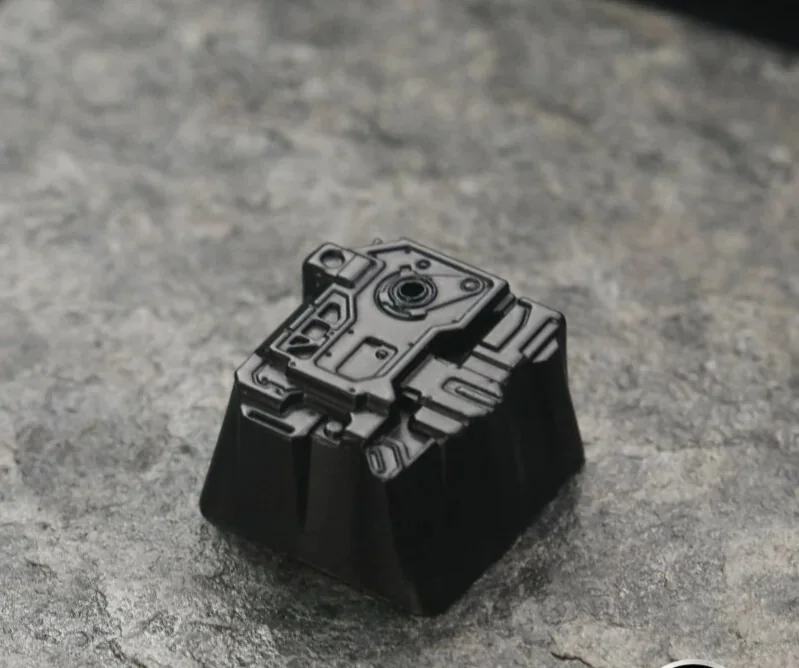 Premium sci-fi keycap, MOSS Wandering Earth artisan, crafted from zinc-aluminum alloy, showcasing its distressed futuristic design from multiple angles.