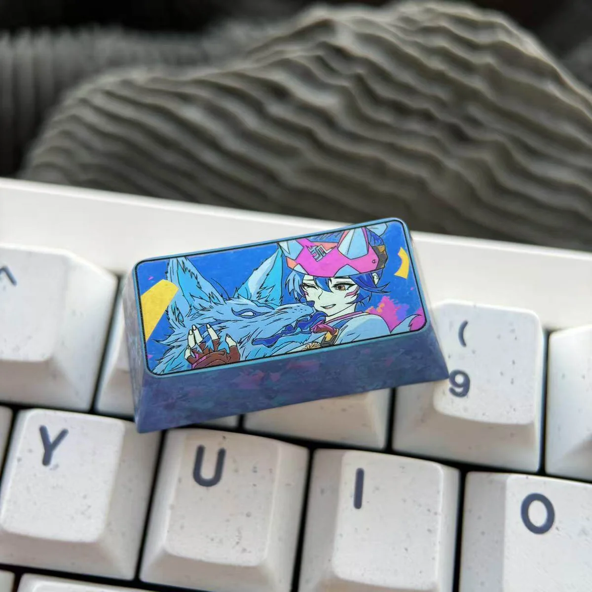 Premium Kiriko Titanium Keycap for Overwatch gamers, showcasing sleek metallic design and Japanese aesthetics for a superior 2U backspace.