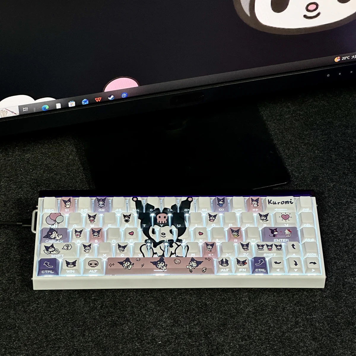 Kuromi Side-Engraved Backlit Keycaps Set: Dark-cute translucent designs, distinct side-engraved legends, vibrant RGB, multiple views.