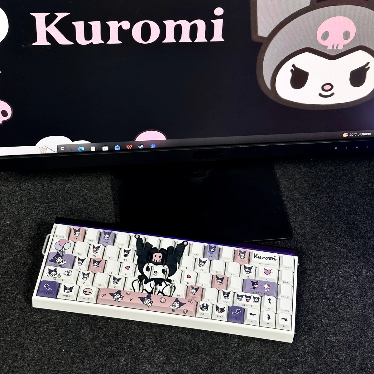 Kuromi side-engraved backlit keycaps set. Views reveal their dark-cute translucent design, vibrant RGB glow, and premium artistic details.