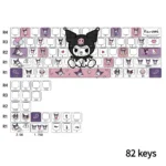 Explore various angles of these dark-cute Kuromi keycaps set, highlighting their translucent design, distinct side-engraved legends, and vibrant RGB.