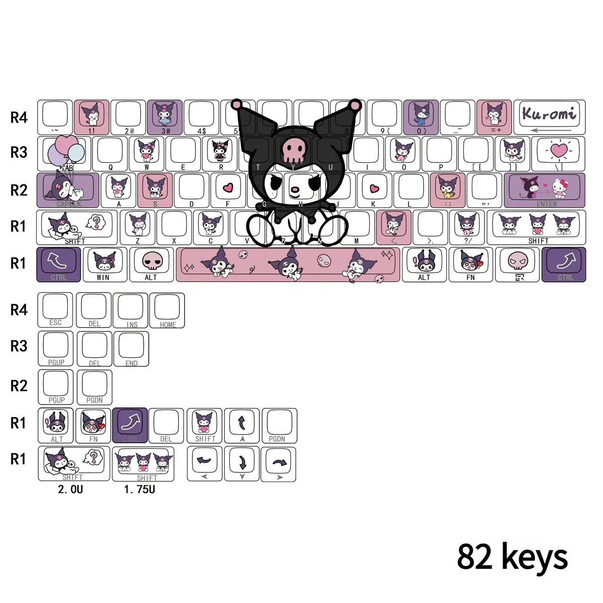 Explore various angles of these dark-cute Kuromi keycaps set, highlighting their translucent design, distinct side-engraved legends, and vibrant RGB.