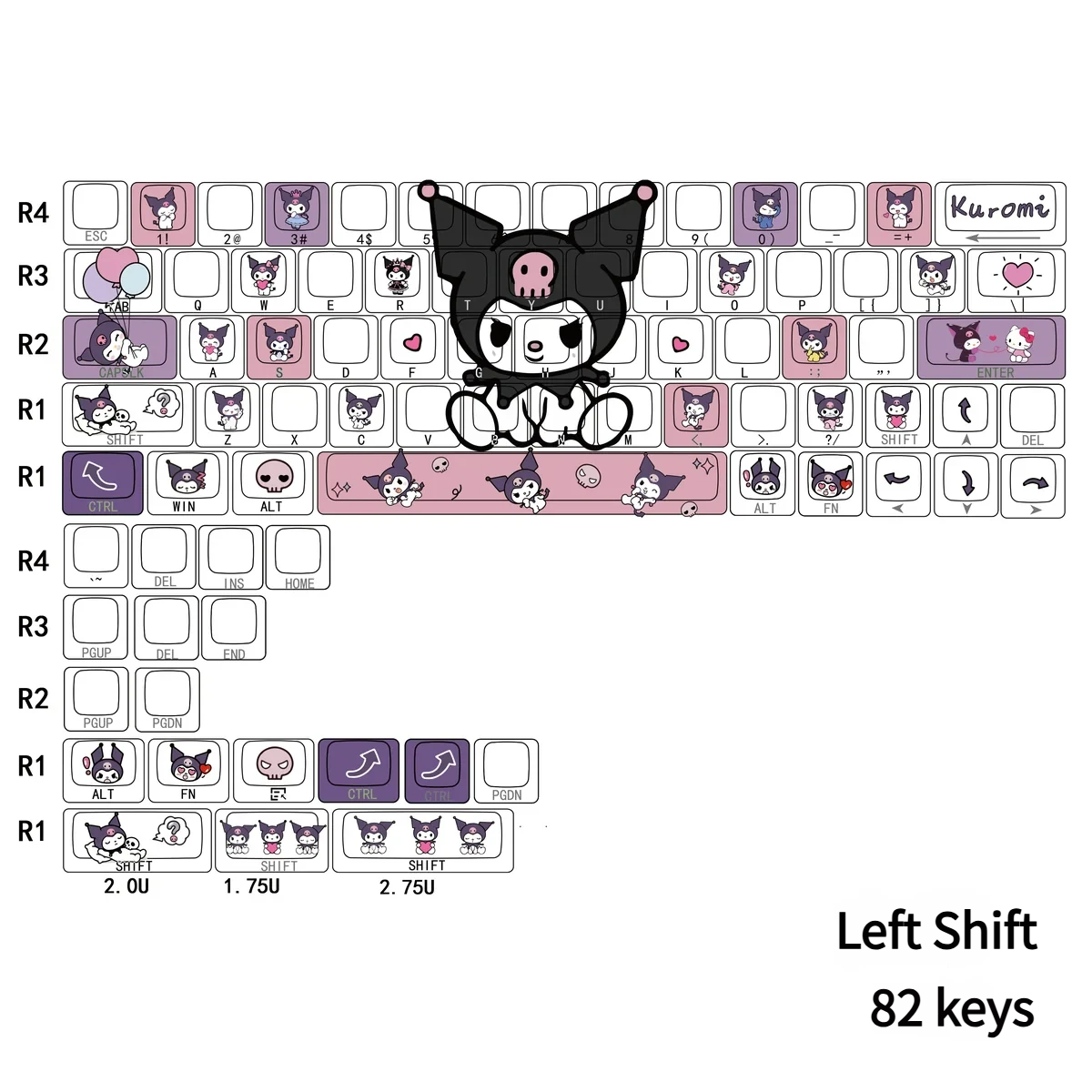 Exclusive Kuromi Side-Engraved Backlit Keycaps Set for 636466 layout, featuring dark-cute translucent keycapsand vibrant RGB effects.