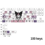 Exclusive Kuromi side-engraved backlit keycaps set for 75-87 layout keyboards, showcasing the dark-cute aesthetic, translucent keycap, and vibrant RGB effects.