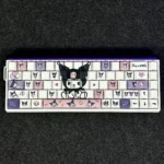 Main image of exclusive Kuromi keycaps set, side-engraved with distinct legends and vibrant RGB backlighting, embodying a dark-cute aesthetic.