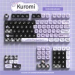 Kuromi Keycaps Set gallery showcasing durable PBT MOA profile, iconic gothic cute purple and black Kuromi art, ensuring playful comfort.