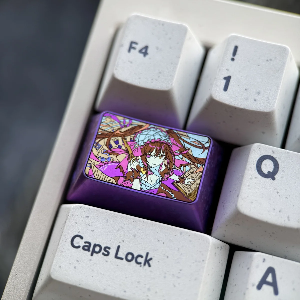 Detailed side profile of the premium Kurumi Tokisaki titanium keycap, highlighting its sleek design, intricate anime character art, and durable constriuction.