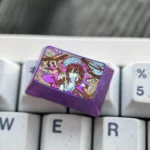 An exclusive Kurumi Tokisaki titanium artisan keycap, captured from a unique angle, highlighting its intricate anime design and sleek, gothic elegance design.